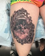 大腿oldschool写实镜子猫咪肖像纹身图案
